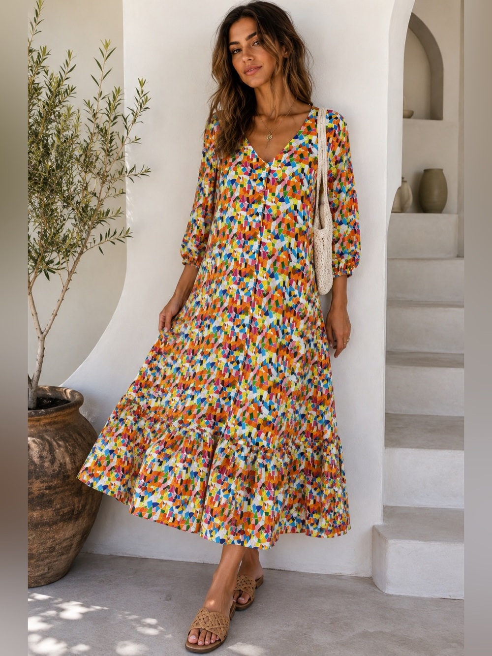 Briton Court Multicolor Geometric Print Midi Dress XS